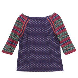 GRETCHEN SCOTT 3/4 Sleeve Top Tee Geometric Colorful Navy Green Red Stretch XS